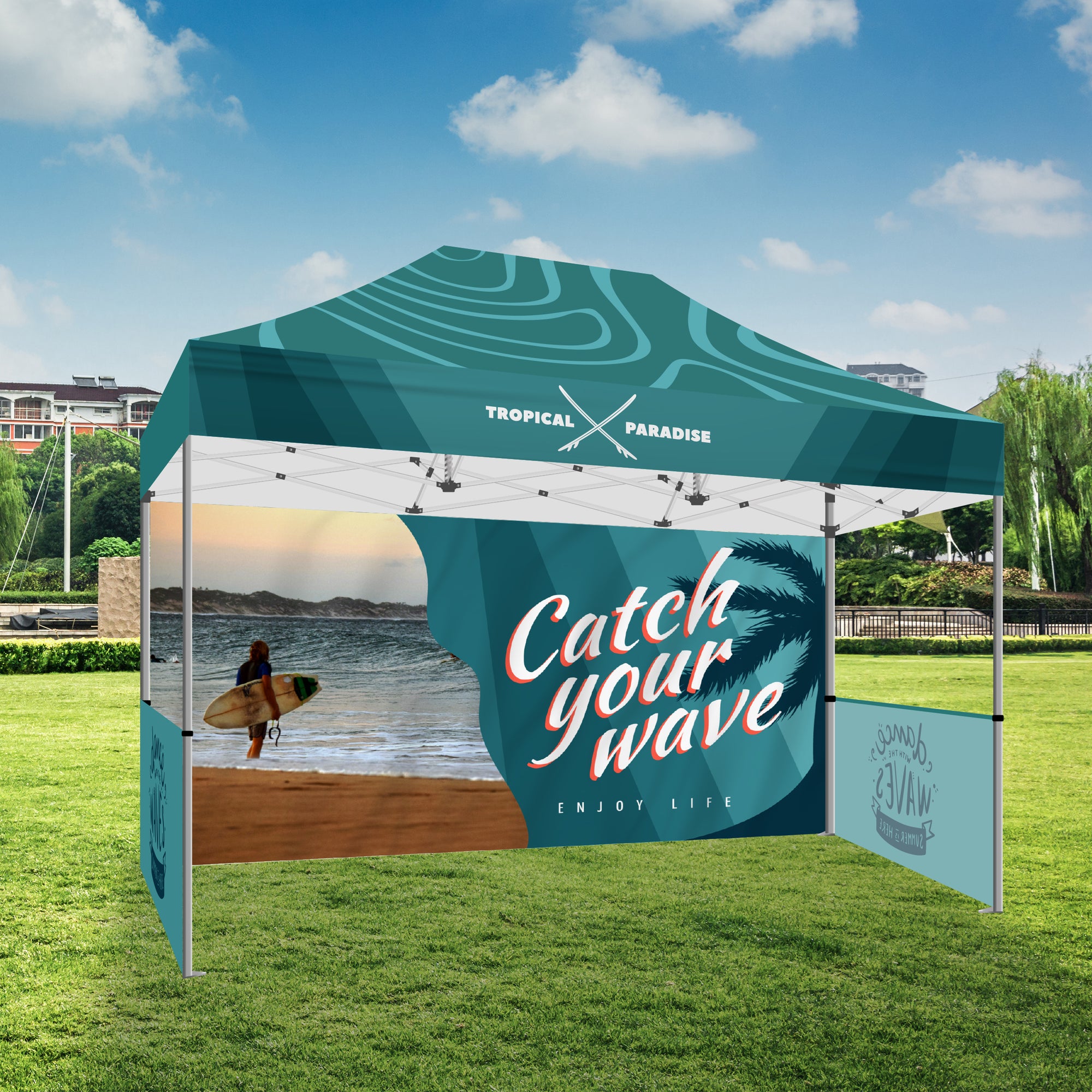 10x15 Premium Tent w/ Full Color Canopy, Back Wall, and Side Walls