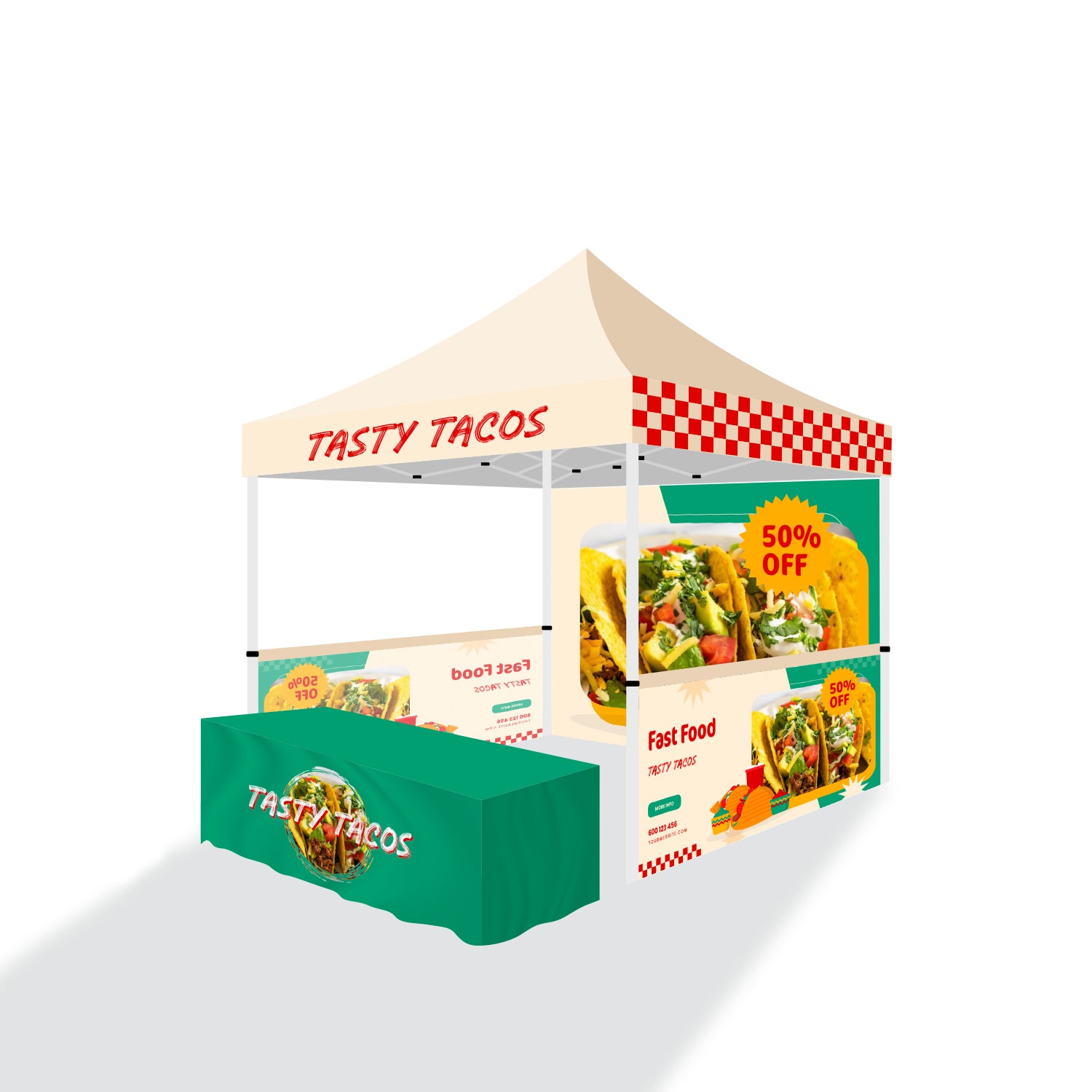 HassleFree™ 10' X 10' Premium Tent w/ Full Color Canopy, Back Wall, Side Walls, and 6' Table Cover