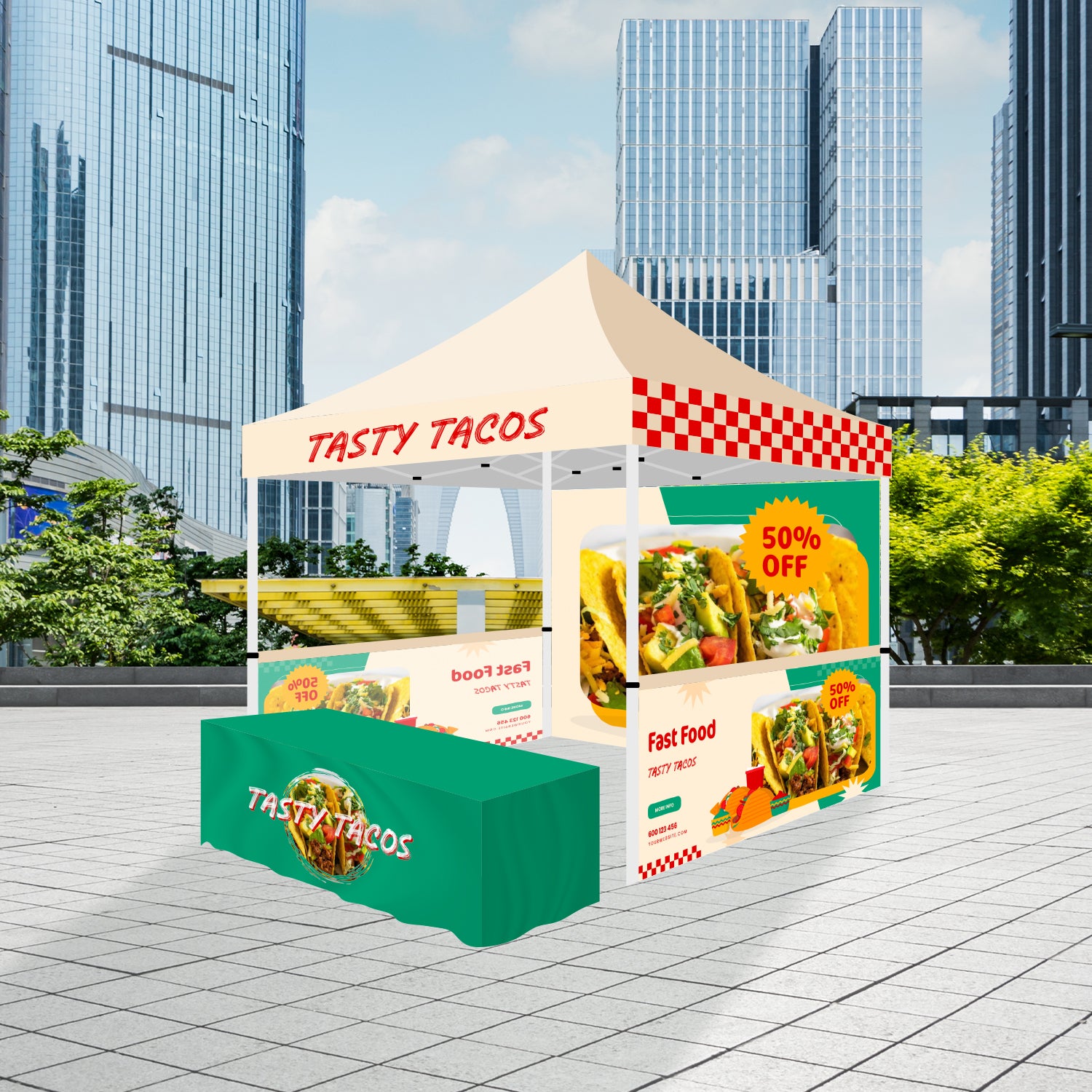 HassleFree™ 10' X 10' Premium Tent w/ Full Color Canopy, Back Wall, Side Walls, and 6' Table Cover