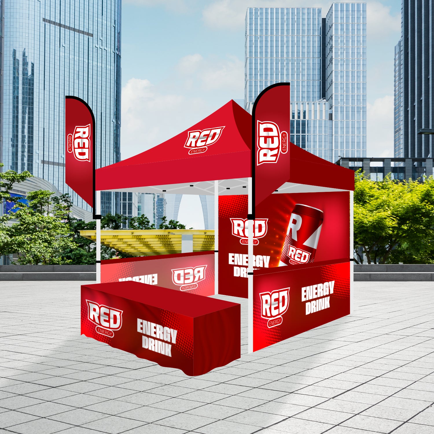 TNT10BWSWTCTB - HassleFree™ 10x10 Premium Tent w/ Full Color Canopy, Back Wall, Side Walls, 6' Table Cover, and (2) 8' Tent Banners